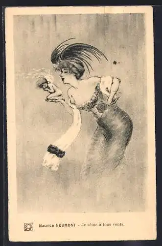 Künstler-AK sign. Maurice Neumont: Frau in Abendkleid mit Engel auf der Hand