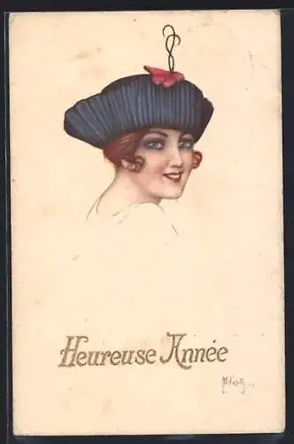 Künstler-AK sign. Miliotti: Frau trägt einen Hut und lächelt