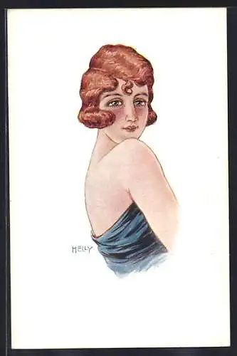 Künstler-AK sign. Helly: Portrait einer rothaarigen Frau in blauem Kleid