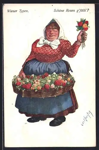 Künstler-AK Carl Josef Pollak: Wiener typen, Schöne Rosen g`fälli`?, Unansehnlich dargestellte Blumenverkäuferin