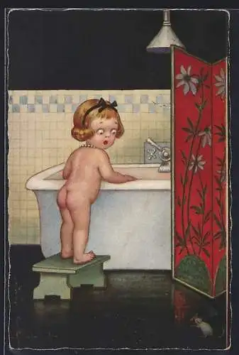 Künstler-AK E. Colombo: Mädchen an der Badewanne sieht eine Maus