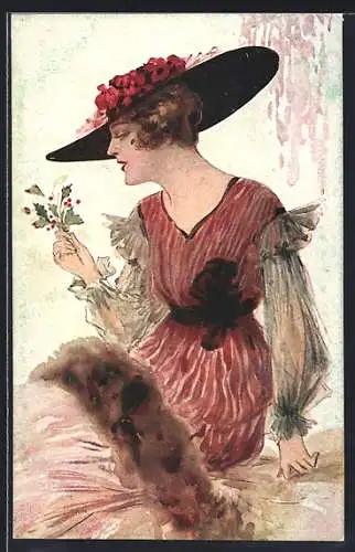 Künstler-AK Tito Corbella: Frau mit Hut hält Blumen in der Hand