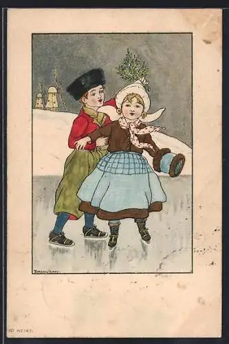 Künstler-AK Florence Hardy: Zwei Kinder beim Schlittschuhlaufen