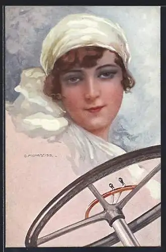 Künstler-AK C. Monestier: Elegante Dame am Steuerrad