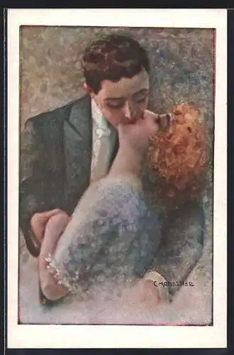 Künstler-AK C. Monestier: Elegantes Liebespaar beim Kuss