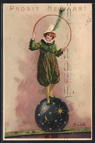 Künstler-Lithographie Alfred Mailick: Clown balanciert auf einem Ball, Neujahr