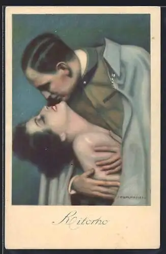 Künstler-AK Nanni: Soldat hält Frau unter seinem Mantel und küsst sie