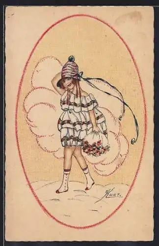 Künstler-AK Erna Maison-Kurt: Frau in Rüschenkleid mit Blumenstrauss