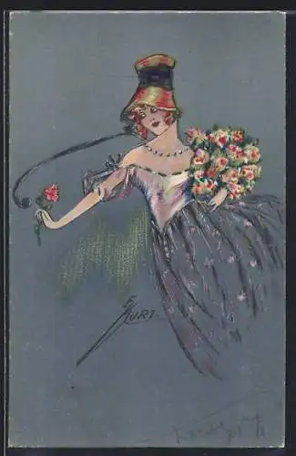 Künstler-AK Erna Maison-Kurt: Frau mit buntem Blumenstrauss