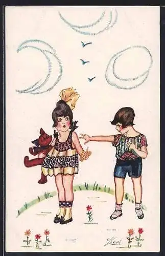 Künstler-AK Erna Maison-Kurt: Zwei Kinder auf einer Blumenwiese