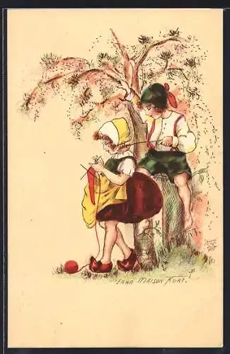 Künstler-AK Erna Maison-Kurt: Junge kitzelt Mädchen mit einem Zweig