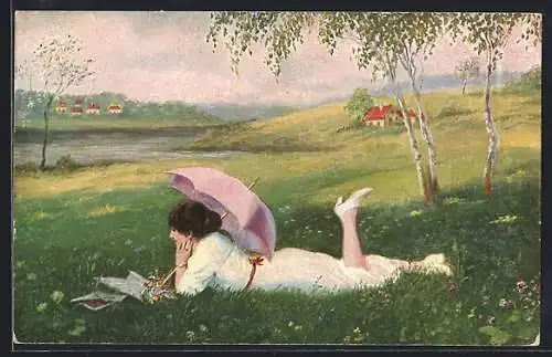 Künstler-AK sign. Hawema: Ferienzeit, Frau liegt auf einer Blumenwiese