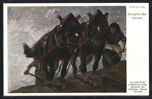 Künstler-AK sign. H. Schütz: Kampf in der Heimat, Zwei Bauern bei der Feldarbeit