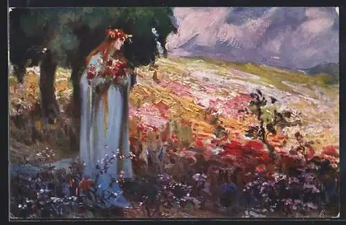 Künstler-AK sign. A. Salvarani: Szene aus Hamlet, Ophelia auf einer Blumenwiese