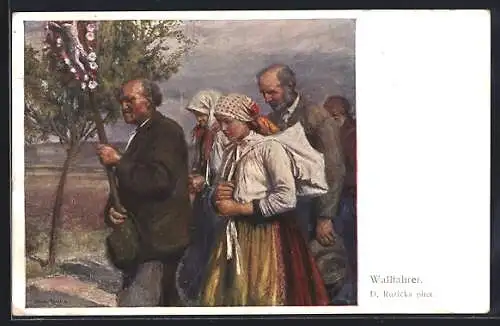 Künstler-AK sign. D. Ruzicka: Wallfahrer in traditioneller Kleidung