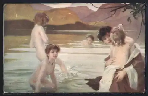 Künstler-AK sign. Chabas: Badende Frauen am See