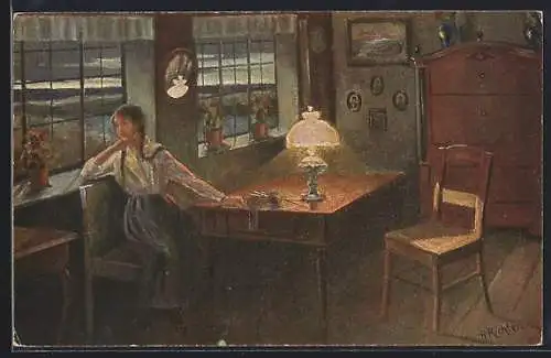 Künstler-AK sign. H. Richter: Dämmerstunde, Frau blickt aus dem Fenster