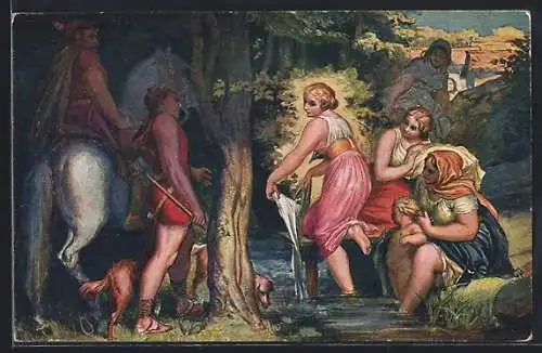 Künstler-AK sign. Joseph Manes: Fürst und Wäscherin am Bach