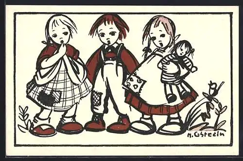 Künstler-AK sign. M. Gstrein: In Lumpen gekleidete Kinder, Mädchen mit Puppe