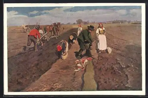 Künstler-AK sign. W. Tetmajer: Wiosna, Bauern bei der Feldarbeit