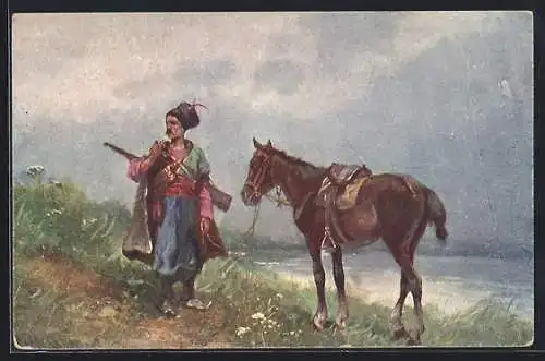 Künstler-AK sign. S. Olzewski: Wiecnor na stepie, Mann und Pferd abends am Fluss