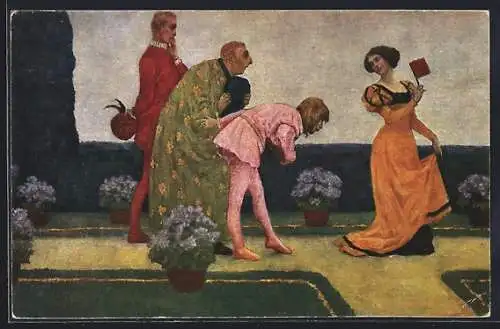 Künstler-AK sign. F. Müller-Münster: Freier folgen einer Frau