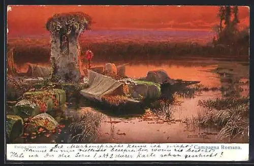 Künstler-AK sign. E. Serra: Campagna Romana, Ruinen im Abendrot