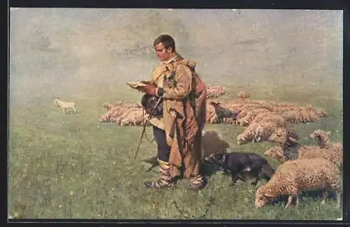 Künstler-AK sign. Joza Uprka: Nedelni rano, Hirte mit Schafherde
