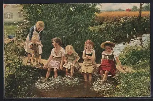 Künstler-AK sign. C. v. Bergen: Plauschende Kinder am Bach