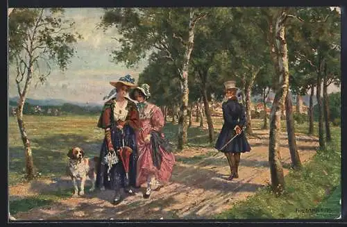 Künstler-AK sign. Fritz Martin: Erste Begegnung, Zwei Frauen mit einem Hund treffen einen Mann