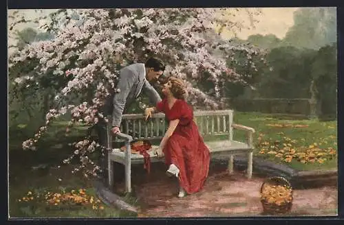 Künstler-AK sign. E. Schneider: Blütenzauber, Paar kommt sich unter einem Blütenmeer näher