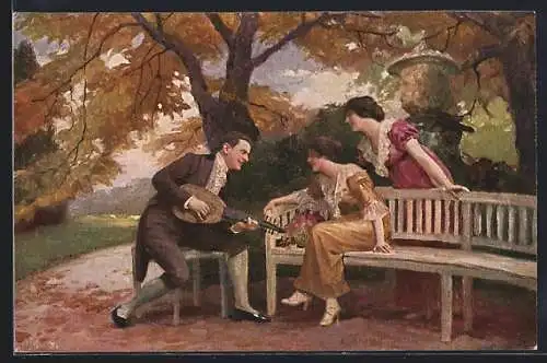 Künstler-AK sign. E. Schneider: Lieder zur Laute, Mann spielt Laute für zwei Frauen