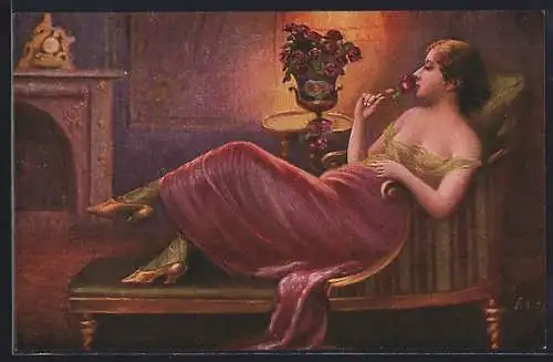 Künstler-AK sign. E. Otto: Süsser Duft, Frau sitzt mit einer Rose auf einem Sofa