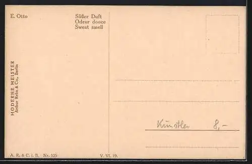 Künstler-AK sign. E. Otto: Süsser Duft, Frau sitzt mit einer Rose auf einem Sofa