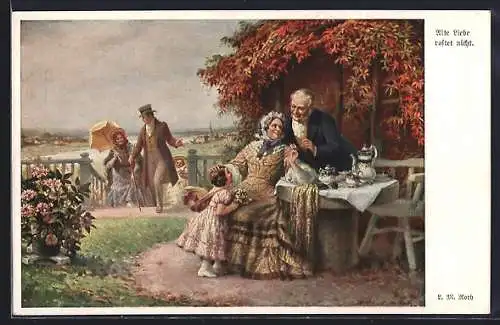 Künstler-AK sign. L. M. Roth: Alte Liebe rostet nicht, Älteres Paar im Garten