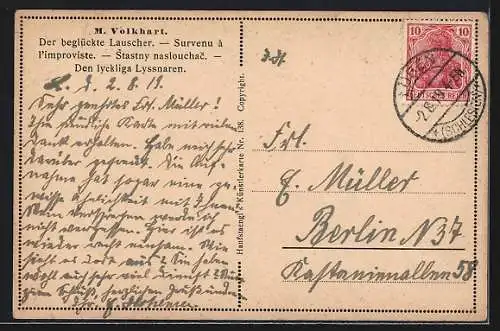 Künstler-AK sign. M. Volkhart: Mann belauscht zwei Frauen