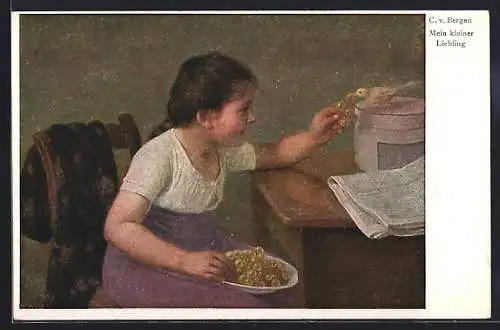 Künstler-AK sign. C. v. Bergen: Mein kleiner Liebling, Mädchen füttert Vogel mit Weintrauben