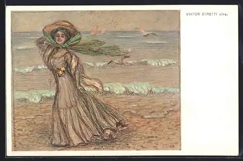 Künstler-AK sign. Viktor Stretti: Frau in mit Strohhut am Strand