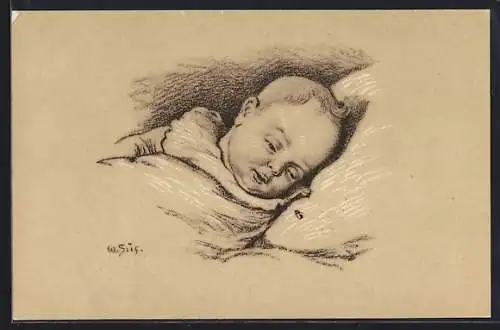 Künstler-AK sign. Wilhelm Süs: Unser Jüngstes, Baby im Bett