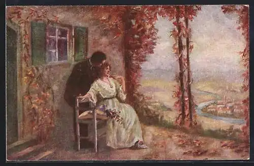 Künstler-AK sign. M. Herpich: Ich weiss wo ein Häuschen am grünen Rhein, Paar vor ihrem Haus