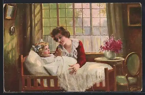 Künstler-AK sign. Smith: Beschütze meine Mutti, Kind betet im Bett