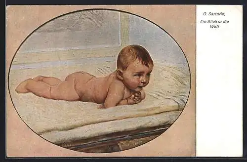 Künstler-AK sign. G. Sartorio: Ein Blick in die Welt, Baby liegt auf dem Bauch und hebt den Kopf