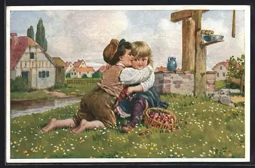 Künstler-AK sign. W. Krüger: Ein süsses Geheimnis, Zwei Kinder sitzen zusammen auf einer Wiese
