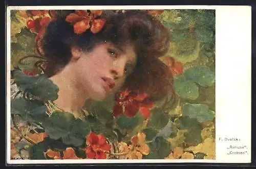 Künstler-AK sign. F. Dvorak: Rericha, Frau im Portrait mit Blumen
