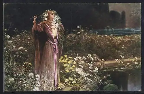 Künstler-AK sign. G. Clairin: Nachwandlerin, Frau in Nachtgewand mit Blumen