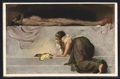 Künstler-AK sign. M. Duchek: Pieta, Trauernde Frau mit Blumen und Dornenkrone