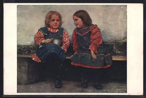 Künstler-AK sign. J. Zenisek: Sestry, Schwestern sitzen zusammen auf einer Bank