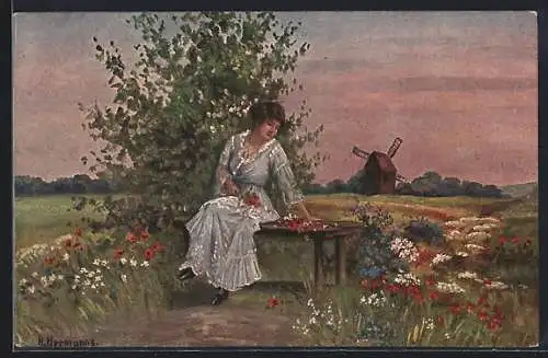 Künstler-AK sign. H. Hermanns: Sommerpracht, Frau sitzt auf einer Bank mit Blumen