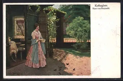 Künstler-AK sign. Kurt von Rozynksi: Kaffeegäste, Frau füttert Vögel