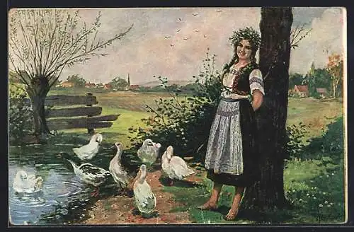 Künstler-AK sign. A. Lickov: Gänseliesl, Mädchen mit Gänsen